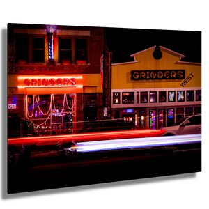 Kansas City Night Photography Print: Neon Light Trails, Urban Decor