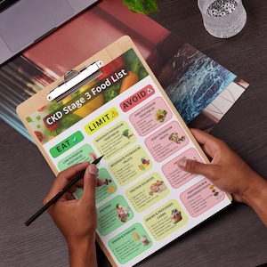 May include: A wooden clipboard with a printed "CKD Stage 3 Food List" is held by a person. The list categorizes foods into "Eat," "Limit," and "Avoid" sections, with colorful illustrations of vegetables, fruits, and other food items. A pen is held over the list.