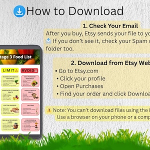 May include: A digital guide on a tablet screen, titled "CKD Stage 3 Food List," with sections for "Eat," "Limit," and "Avoid." Instructions on how to download the file from Etsy are also displayed, with a blue download icon at the top.