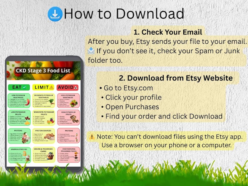 May include: A digital guide on a tablet screen, titled "CKD Stage 3 Food List," with sections for "Eat," "Limit," and "Avoid." Instructions on how to download the file from Etsy are also displayed, with a blue download icon at the top.