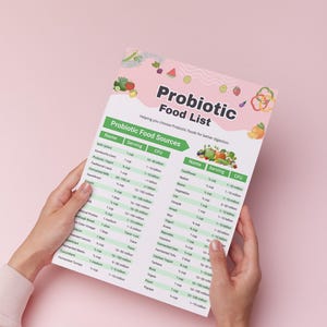 Puede incluir: Una persona sostiene una tabla rosa y blanca de la Lista de Alimentos Probi&oacute;ticos. La tabla enumera varias fuentes de alimentos probi&oacute;ticos, tama&ntilde;os de porciones y recuentos de UFC. El dise&ntilde;o incluye ilustraciones de frutas y verduras.