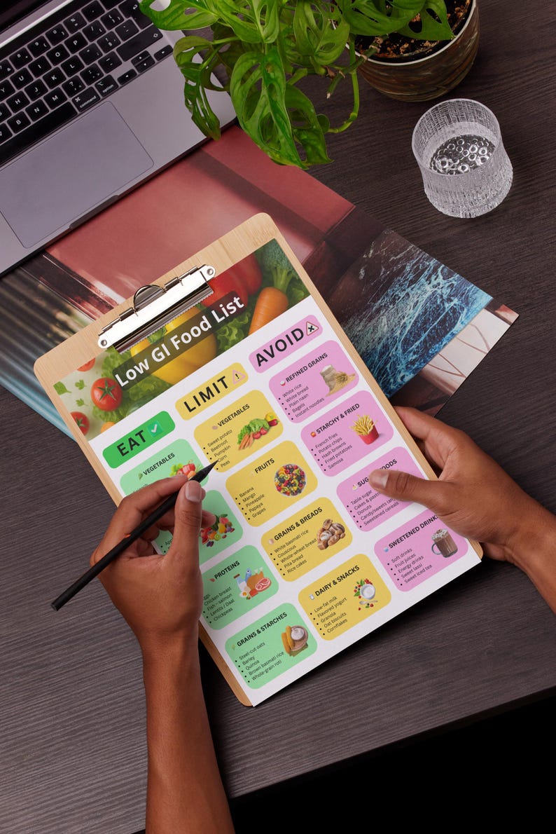 May include: A wooden clipboard with a printed "Low GI Food List" is held by a person. The list categorizes foods into "Eat," "Limit," and "Avoid" sections, with colorful illustrations of vegetables, fruits, grains, and other food groups.