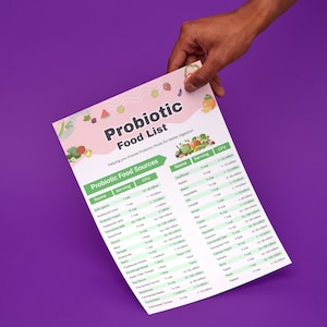 Puede incluir: Un gr&aacute;fico blanco de la Lista de Alimentos Probi&oacute;ticos sobre un fondo p&uacute;rpura es sostenido por una mano. El gr&aacute;fico enumera las fuentes de alimentos probi&oacute;ticos, los tama&ntilde;os de las porciones y los recuentos de UFC. El t&iacute;tulo est&aacute; en una pancarta rosa con ilustraciones de frutas.