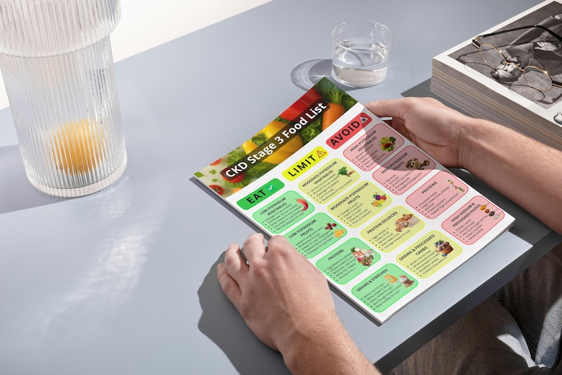 May include: A printed food list for CKD Stage 3, with sections labeled "Eat", "Limit", and "Avoid". The list includes images of various food items. A glass of water and a decorative glass are on the table.
