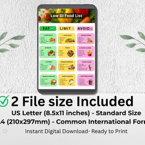 May include: A digital tablet displays a "Low GI Food List" with sections for "Eat," "Limit," and "Avoid." The image includes text indicating two file sizes: US Letter (8.5x11 inches) and A4 (210x297mm). The product is an instant digital download.