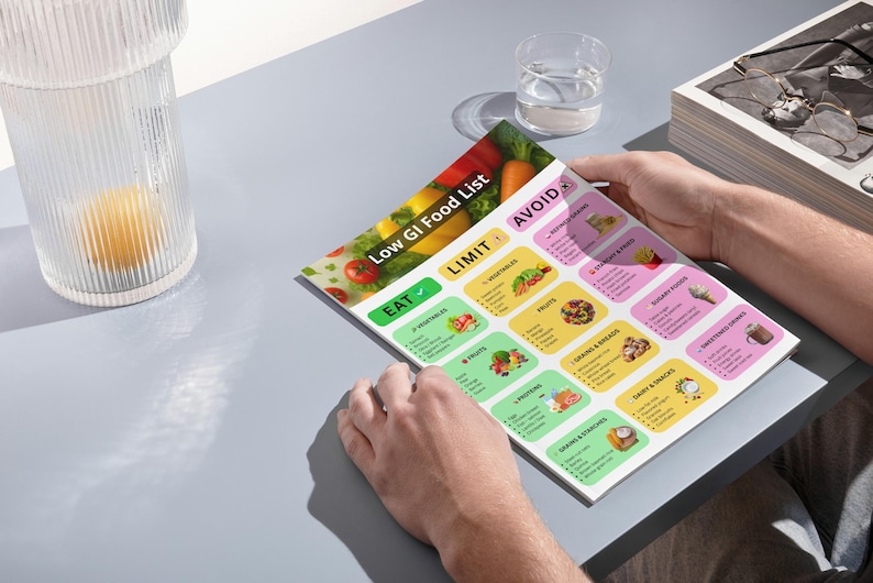 May include: A person holding a colorful "Low GI Food List" chart. The chart categorizes foods into "Eat", "Limit", and "Avoid" sections, with illustrations of various food items. A glass of water and a decorative glass are in the background.