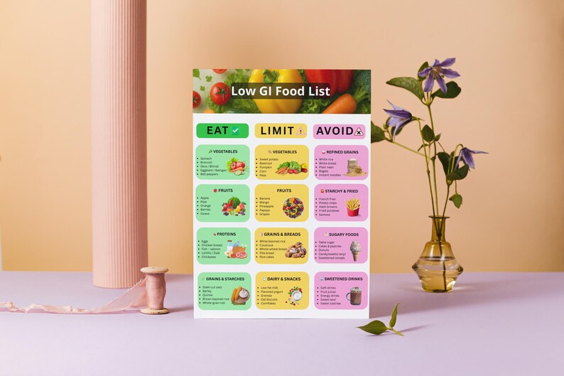 May include: A colorful food list titled "Low GI Food List" with sections for "Eat," "Limit," and "Avoid." The list includes images of vegetables, fruits, proteins, grains, and snacks. The background is a soft peach color.