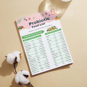 Puede incluir: Una Lista de Alimentos Probi&oacute;ticos rosa y blanca con una lista de fuentes de alimentos probi&oacute;ticos y una lista de alimentos probi&oacute;ticos. Dos tallos de algod&oacute;n y un vaso de agua tambi&eacute;n est&aacute;n en la imagen.