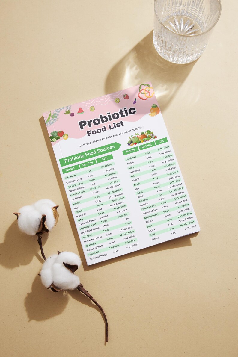 Puede incluir: Una Lista de Alimentos Probi&oacute;ticos rosa y blanca con una lista de fuentes de alimentos probi&oacute;ticos y una lista de alimentos probi&oacute;ticos. Dos tallos de algod&oacute;n y un vaso de agua tambi&eacute;n est&aacute;n en la imagen.