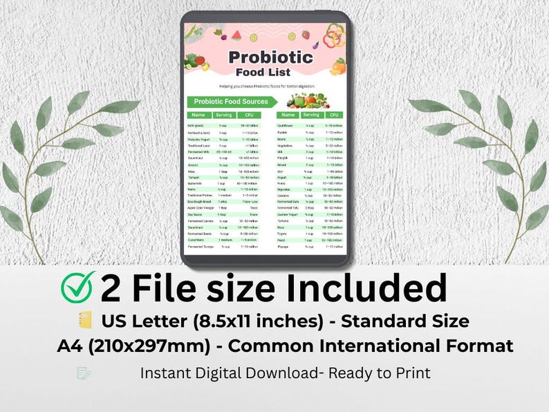 Puede incluir: Una tableta digital muestra una "Lista de alimentos probi&oacute;ticos" con un encabezado rosa y verde. La lista detalla las fuentes de alimentos probi&oacute;ticos, los tama&ntilde;os de las porciones y los recuentos de UFC. La imagen incluye texto que indica dos tama&ntilde;os de archivo: US Letter (21,6x27,9 cm) y A4 (210x297 mm).