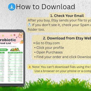 Puede incluir: Una tableta digital muestra una "Lista de alimentos probi&oacute;ticos" con un dise&ntilde;o colorido. Se incluyen instrucciones sobre c&oacute;mo descargar el archivo de Etsy. El fondo es una superficie blanca texturizada con hierba verde en la parte inferior.