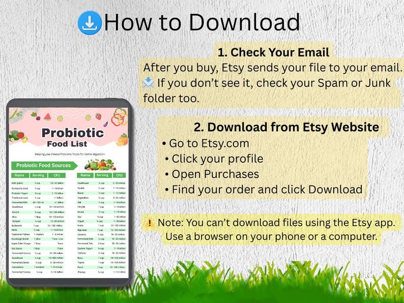 Puede incluir: Una tableta digital muestra una "Lista de alimentos probi&oacute;ticos" con un dise&ntilde;o colorido. Se incluyen instrucciones sobre c&oacute;mo descargar el archivo de Etsy. El fondo es una superficie blanca texturizada con hierba verde en la parte inferior.