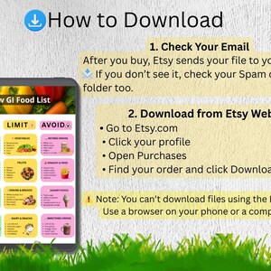 May include: A digital tablet displays a "Low GI Food List" with categories like "Eat," "Limit," and "Avoid." Instructions on how to download the file from Etsy are also shown, including checking email and downloading from the Etsy website.