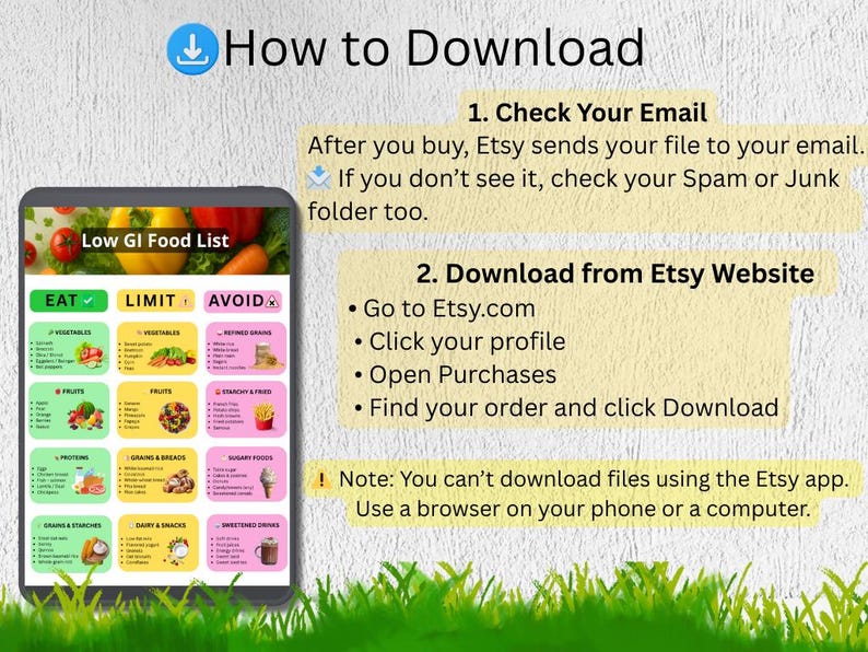 May include: A digital tablet displays a "Low GI Food List" with categories like "Eat," "Limit," and "Avoid." Instructions on how to download the file from Etsy are also shown, including checking email and downloading from the Etsy website.