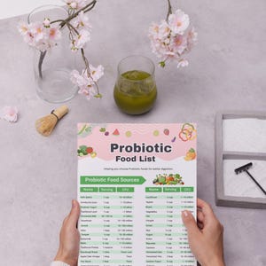 Puede incluir: Una "Lista de alimentos probi&oacute;ticos" impresa se sostiene frente a una superficie gris claro. La lista detalla las fuentes de alimentos probi&oacute;ticos, los tama&ntilde;os de las porciones y los recuentos de UFC. Un vaso de l&iacute;quido verde, un peque&ntilde;o batidor y flores rosas tambi&eacute;n est&aacute;n en la imagen.