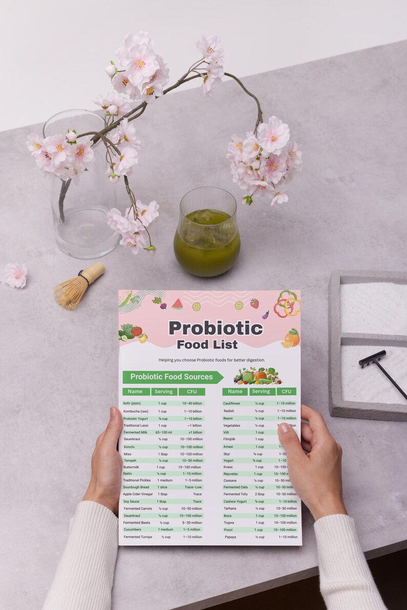 Puede incluir: Una "Lista de alimentos probi&oacute;ticos" impresa se sostiene frente a una superficie gris claro. La lista detalla las fuentes de alimentos probi&oacute;ticos, los tama&ntilde;os de las porciones y los recuentos de UFC. Un vaso de l&iacute;quido verde, un peque&ntilde;o batidor y flores rosas tambi&eacute;n est&aacute;n en la imagen.