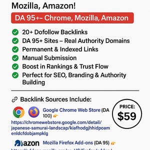 Puede incluir: Imagen que promociona servicios de SEO con el texto "Boost Your Website Ranking". Enumera 20+ backlinks dofollow, sitios DA 95+ y envío manual. Incluye Chrome, Mozilla y Amazon. El precio es de $59.
