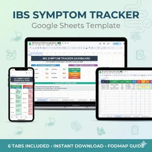 Op de afbeelding: Een IBS Symptom Tracker Google Sheets Template wordt getoond op een laptop, tablet en smartphone. De schermen tonen een dashboard, een wekelijkse samenvatting en een FODMAP quick reference guide. De tekst op de afbeelding luidt "IBS Symptom Tracker" en "6 Tabs Included".