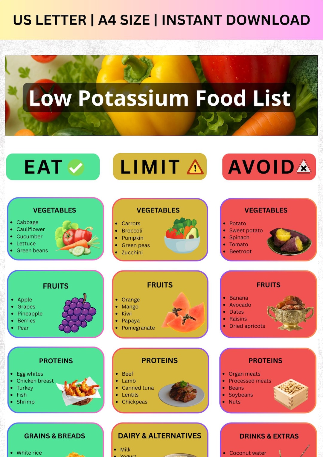 Low Potassium Food List PDF, Kidney Disease Diet Chart, Renal Diet A4 ...