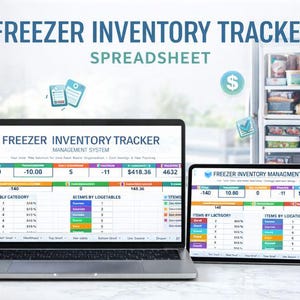 May include: A laptop and tablet display a "Freezer Inventory Tracker" spreadsheet. The screens show data tables with colorful headers and rows. The image includes the text "FREEZER INVENTORY TRACKER SPREADSHEET". A freezer filled with food is in the background.