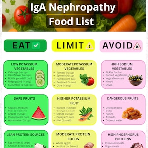 May include: A food list for IgA Nephropathy, with sections for foods to eat, limit, and avoid. Includes vegetables, fruits, protein sources, and grains. The image is a US Letter and A4 size instant download.