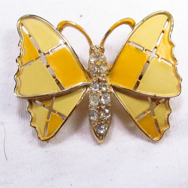 Vintage 1960's yellow enamel on metal rhinestone body butterfly moth brooch