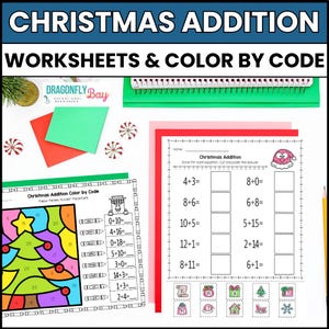 May include: Educational Christmas-themed worksheets titled "Christmas Addition Worksheets & Color by Code." The image shows addition problems and a colour-by-code activity with a Christmas tree. A pink worksheet with addition problems is also visible.