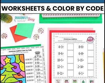 Christmas Addition Fluency to 20 Cut & Paste Math Worksheets Color by Code K-1