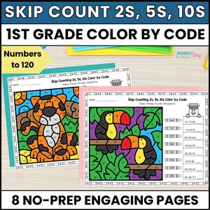 May include: Educational worksheets titled Skip Count 2s, 5s, 10s 1st Grade Color by Code. One page features a tiger, the other features two toucans. Both pages include number sequences, a color key with crayons, and a border of pencil icons.