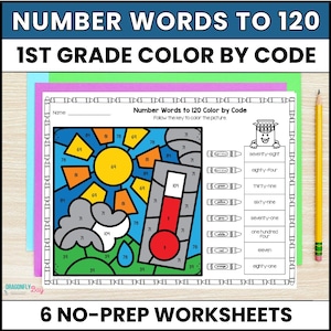 May include: A 1st grade color by code worksheet titled Number Words to 120. The page features a sun, clouds, and a thermometer with numbers inside shapes. A color key with crayon icons and number words is on the right. A yellow pencil sits nearby.