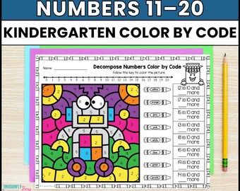 Werkbladen voor het ontbinden van getallen 11-20 | Kleuren op code voor getallen van 11 tot 19 | Wiskunde voor kleuters