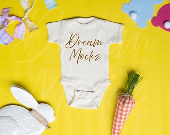 Easter Baby Onesie Mockup | Rabbit Skins 4400 Natural Baby Bodysuit Mockup | 4400 Natural Flatlay Spring Mock-up | Real Product Mock