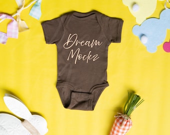 Easter Baby Onesie Mockup | Rabbit Skins 4400 Brown Baby Bodysuit Mockup | 4400 Kelly Flatlay Spring Mock-up | Real Product Mock