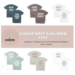 May include: A flat lay mockup bundle of unisex t-shirts in various colors. The image shows multiple t-shirts with the back view and front view, with text that says "YOUR DESIGN HERE" and "DREAM MOCKZ". The text "COMFORT COLORS 1717" is also visible.