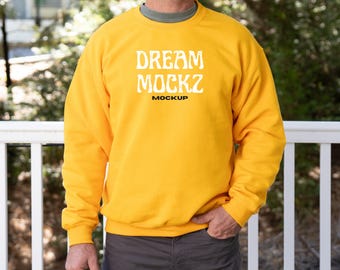 Gildan 18000 Gold Crewneck Sweatshirt Mockup| G180 Sweater Mock-up | Real Male Model Mockup | Mens Outdoors Nature POD mockups