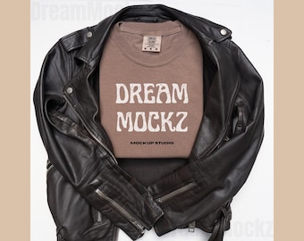 ESPRESSO Comfort Colors C1717 T-Shirt Mockup | Flatlay with Leather Jacket | Minimalist Dark Aesthetic | JPG for Canva & Photoshop |