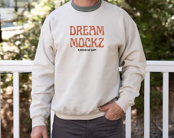 Gildan 18000 Sand Crewneck Sweatshirt Mockup| G180 Sweater Mock-up | Real Male Model Mockup | Mens Outdoors Nature POD mockups