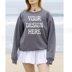 Gildan 18000 CHARCOAL Sweatshirt Mockup | G180 Crewneck Mockup | Real Model Mock | Cute Cozy Casual Trendy Beach Boho Aesthetic Sweater