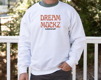 Gildan 18000 White Crewneck Sweatshirt Mockup| G180 Sweater Mock-up | Real Male Model Mockup | Mens Outdoors Nature POD mockups