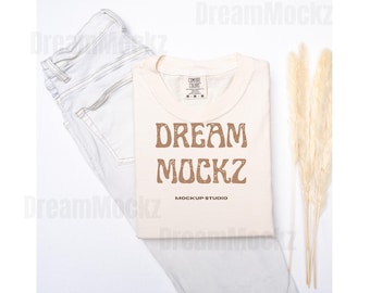 Comfort Colors 1717 Ivory T-Shirt Mockup: Boho Flat Lay (Digital Download)