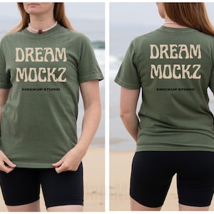 Comfort Colors C1717 Moss Tshirt Split View Mockup | 1717 Moss Womens T-shirt Mock-up | Real Model Mock | Simple Aesthetic Female Front Back