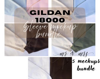 Può includere: Un pacchetto di mockup di magliette a maniche lunghe Gildan 18000. L'immagine mostra cinque diversi colori di maniche: azzurro, rosa, beige, marrone, bianco e verde oliva. Il testo sull'immagine dice "Gildan 18000 Sleeve mockup bundle".