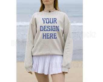 Gildan 18000 SAND Sweatshirt Mockup | G180 Crewneck SAND Mockup | Real Model Mock | Cute Cozy Casual Trendy Beach Boho Aesthetic Sweater