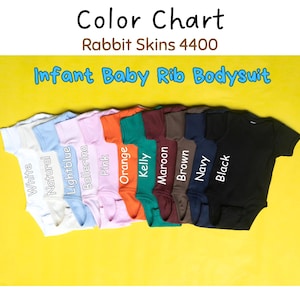 Puede incluir: Carta de colores de bodies de bebé en varios colores, incluyendo blanco, natural, azul claro, rosa, naranja y negro. También se ve el texto "Rabbit Skins 4400".