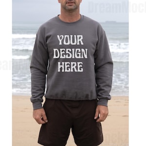 Gildan 18000 CHARCOAL Crewneck Sweatshirt Mockup | Male G180 Sweater Mock-up Bundle | Real Model Mockup Mens Basic Simple Gildan 18000 Mock