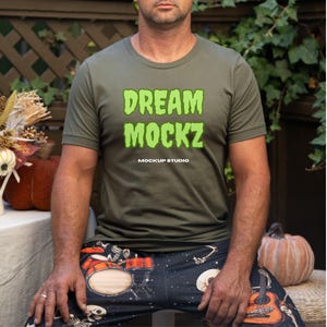 Bella Canvas 3001 MILITARY GREEN Tshirt Halloween Mockup| 3001 Green T-shirt Mock-up| Real Model Mock| Fun Fall Trendy Halloween Mockup Male