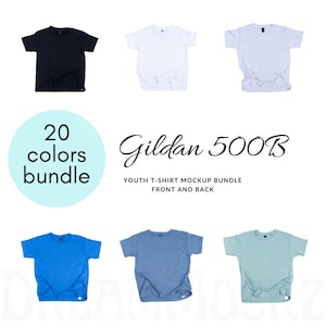 May include: A mockup image of six youth t-shirts in various colors, including black, white, and blue. The text "20 colors bundle" is in a light blue circle. The text "Gildan 500B" and "YOUTH T-SHIRT MOCKUP BUNDLE FRONT AND BACK" are also visible.