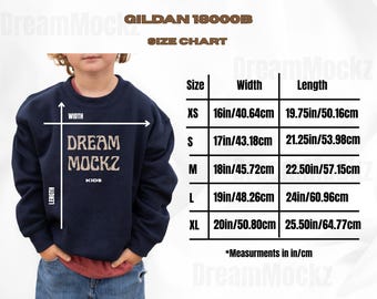 Youth Sweatshirt Size Chart Mockup: Gildan 18000B (Digital Download)