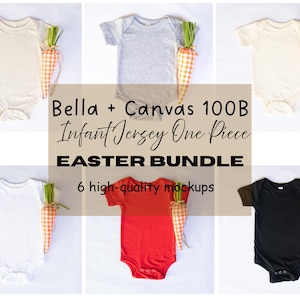 May include: A mockup showcasing six baby jersey one-piece suits in cream, grey, white, red, and black. Each bodysuit is accompanied by a decorative carrot. The text reads "Bella + Canvas 100B Infant Jersey One Piece EASTER BUNDLE", promoting the Easter bundle.