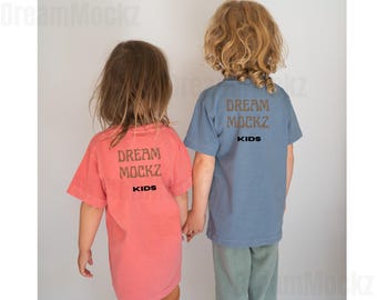 Sibling T-Shirt Mockup: Comfort Colors 9018, Boy & Girl - Granite, Watermelon